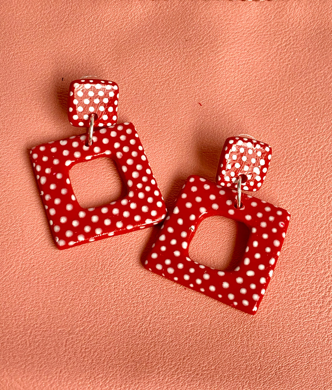 Red and White Polka Dot Frame Earrings